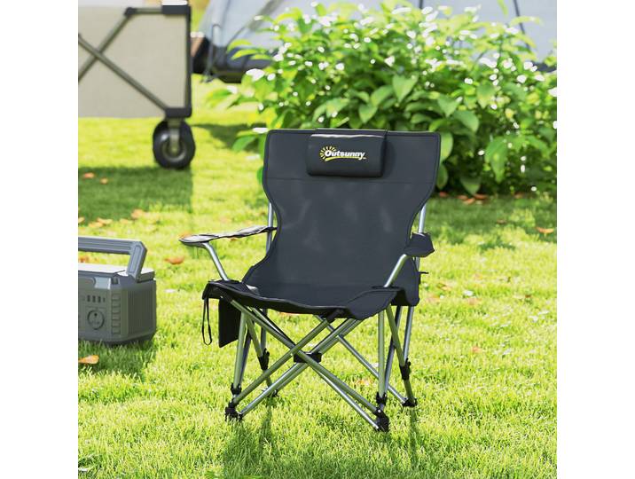Outsunny Chaise Pliante Camping Noir avec Repose-Pied et Porte-Gobelet