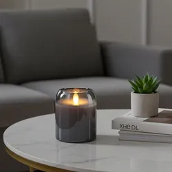 LED Kerze Grau 7,5 x 10 cm: Bewegliche Flamme, warmweisses Licht, flackernd - hochwertige Deko Kerze, gemütliche LED-Beleuchtung, modern & sicher