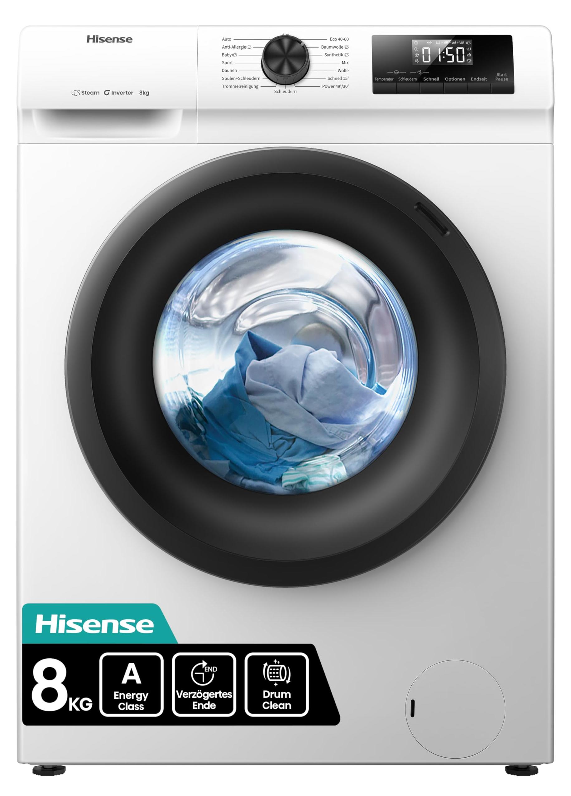 Hisense Freistehend Waschmaschine, 8 kg, 1400 U/min., Frontlader, 8 kg, B, 74 dB, 1400 RPM, A