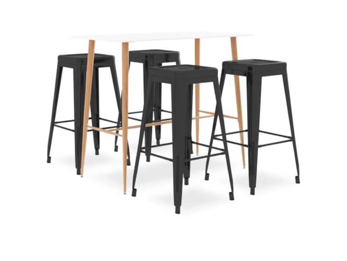 Bar-Set, 5-teilig, Weiß und Schwarz, Tisch und Hocker Strapazierfähige MDF-Oberseite, Beine aus Metall in Holzoptik, Hocker aus Metall lackiert, stapelbar, 110 kg pro Sitz