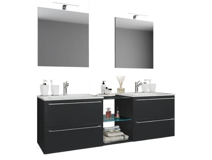 VCM Badmöbel Waschtisch Schwarz 195x46x92 cm 6 Fächer Doppelset für Bad Doppelwaschtisch für zwei Nutzer - geräumiges Bad - Familien und Paare - Holzwerkstoff mit Keramik-Waschbecken