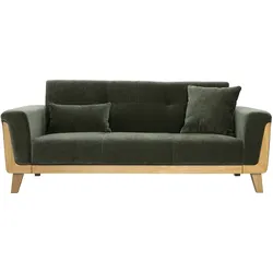 Skandinavisches 3-Sitzer-Sofa aus grünem khakifarbenem Samtstoff und hellem Holz FJORD