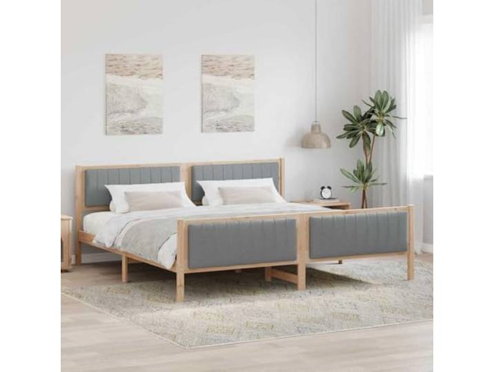 RJPLMFV Bettgestell, 200 x 200 cm, mit Kopfteil, Braun Massives Kiefernholz, Plattform ohne Lattenrost, Kopf und Fuß gepolstert, modernes Design