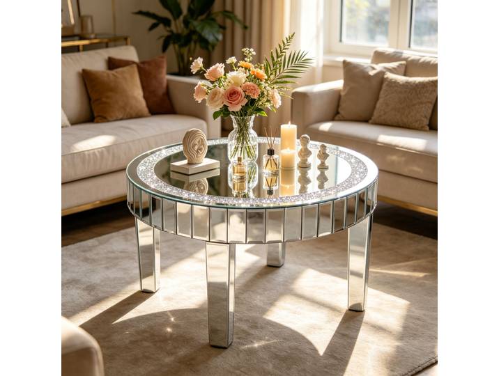 Table basse ronde en cristal écrasé, table d'appoint de canapé scintillante effet diamant, table de chevet