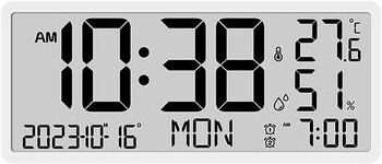 Perfect Picks Market Large Display Digital Wall Clock With LCD Screen, Temperature, Humidity & Alarm black White