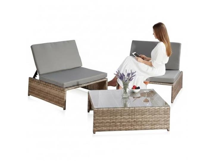 Mucola Gartenmöbel Set Polyrattan 2 Sessel mit Tisch Liegefunktion Grau Verstellbare Rückenlehnen, als Liege nutzbar, 5 cm starke Polster, bruchstabile Tischplatte, stabiles Metallgestell, Lounge