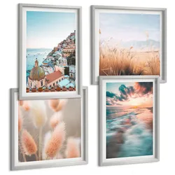 BILDER SET 4er Set - 50x50 cm & 40x60 cm Silberner Rahmen - Sonnenuntergang am Meer, Häuser, Blumen