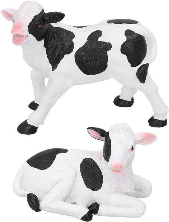 Set van 2 handgeschilderde koeienbeeldjes als dierenornament voor tafeldecoratie, wit en zwart