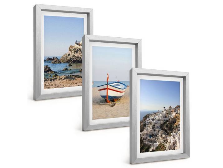 BILDER SET 3er Set - 20x30 cm Silberner Rahmen - Ansichten von Griechenland mit einem Boot und Häusern