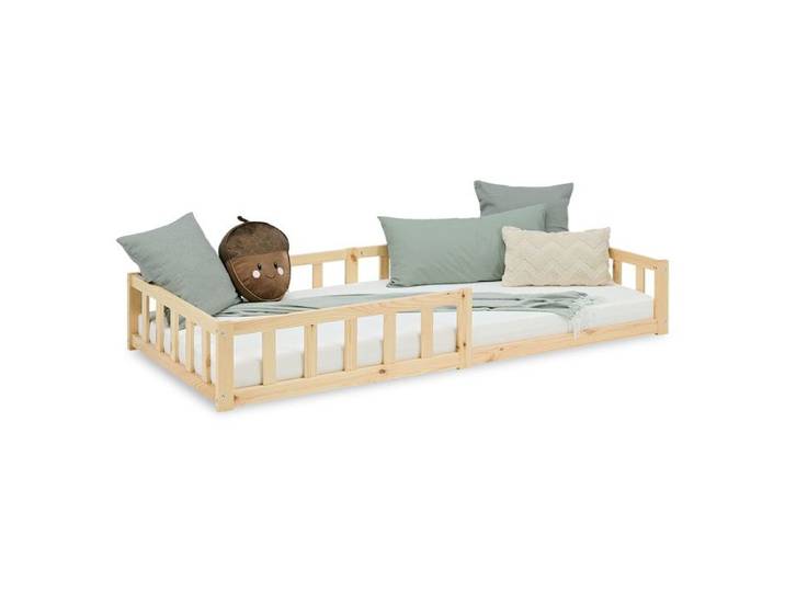 Lit pour enfant 90x200 Naturel Lit au sol avec sommier avec protection contre les chutes Montessori