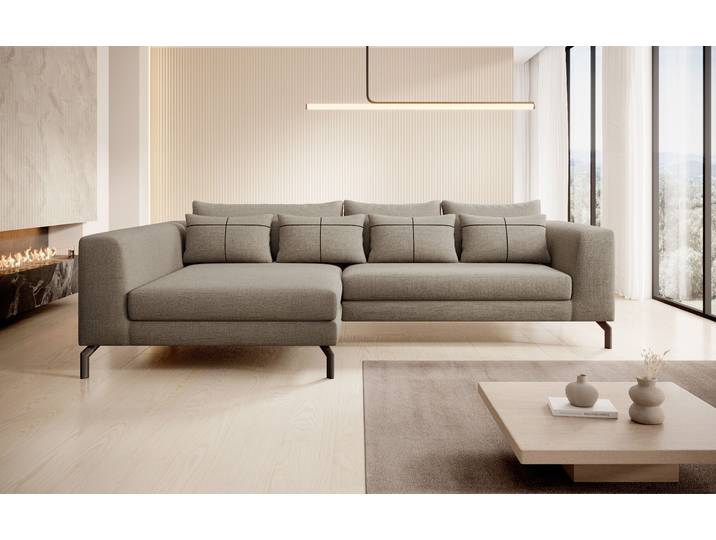 Ecksofa HOME AFFAIRE Cross, mit softem Sitz, L-Form, wendbare Zierkissen, Breite 284 cm , beige (sand), B:284cm H:82cm T:172cm, 100% Polyester, Sofas, Ecksofa, Couch mit vielen Kissen, stylische Kreuznaht, elegante Metallfüsse