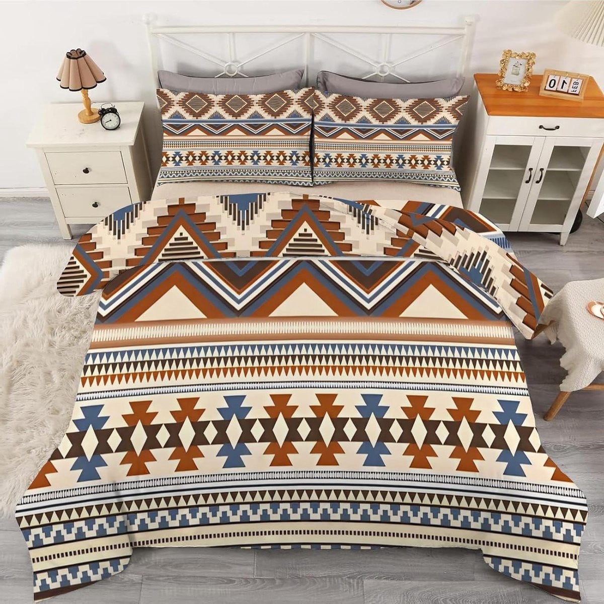 Omkeerbaar etnisch design dekbedovertrekset in bruin beige, 200x200 cm