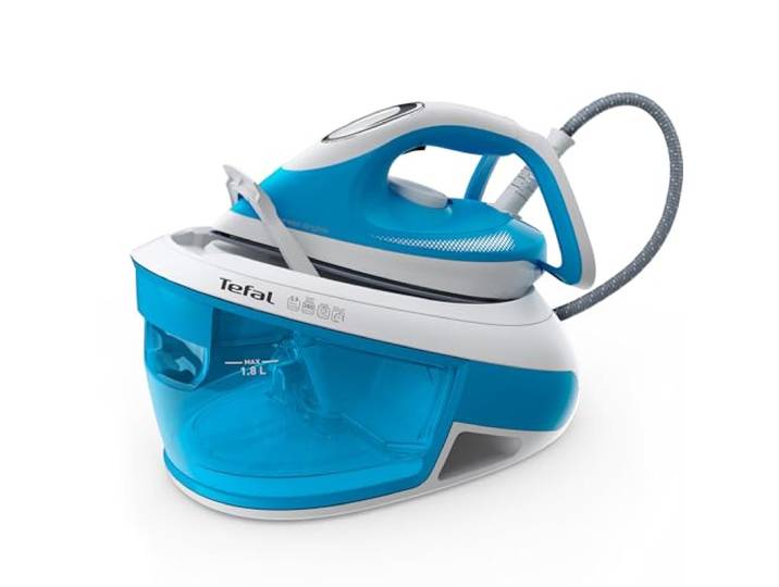 Tefal Express Airglide Dampfbügelstation, 2800 Watt, Durilium Airglide Bügelsohle, 5,9 Bar Pumpendruck, konstante Dampfabgabe: 120 g/Min., Dampfstoß: 380 g/Min., Vertikaldampf, weiß/blau, SV8002