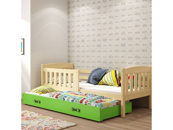 Ausziehbett für Jugendliche Jakob, 90x190, mit Schublade, Kiefer/grün