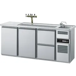 CHROMOnorm Getränketheke mit einem Becken rechts, 2 Türen und 2 Zügen 1/2