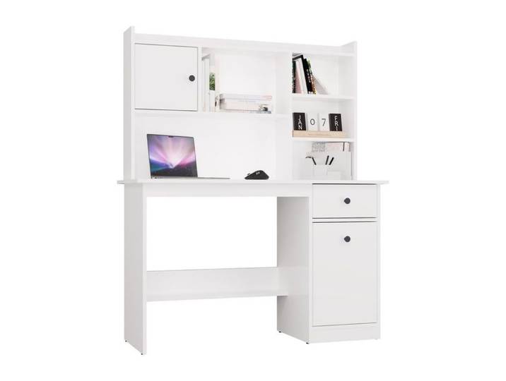 Bureau CHESTER avec rehausse blanc 1 tiroir meuble de rangement étagère pour chambre