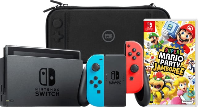 Nintendo Switch Rood/Blauw met Mario Party Jamboree en BlueBuilt Beschermhoes