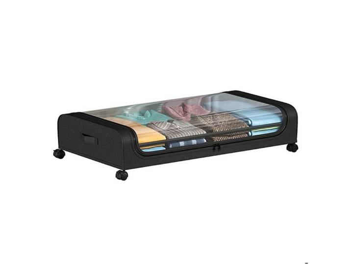 Boîte de rangement 44 × 21 × 10 cm Coffre de rangement noir incurvé à placer sous le lit avec couvercle et étagère anti-poussière