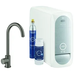 Grohe Blue Home Mono Einhand-Spültischarmatur Starter Kit, Ausladung 153mm, C-Auslauf, mit Filter- und Kühlfunktion, 31498AL1, Farbe: Hard graphite gebürstet