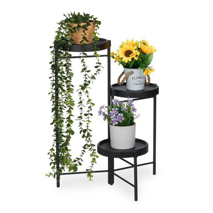 Relaxdays Opvouwbare Plantenstandaard met 3 Ronde Etages - Zwart
