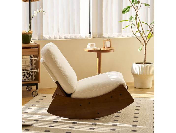 COVREO Fauteuil à bascule en velours côtelé blanc avec structure en bois massif mouvement fluide