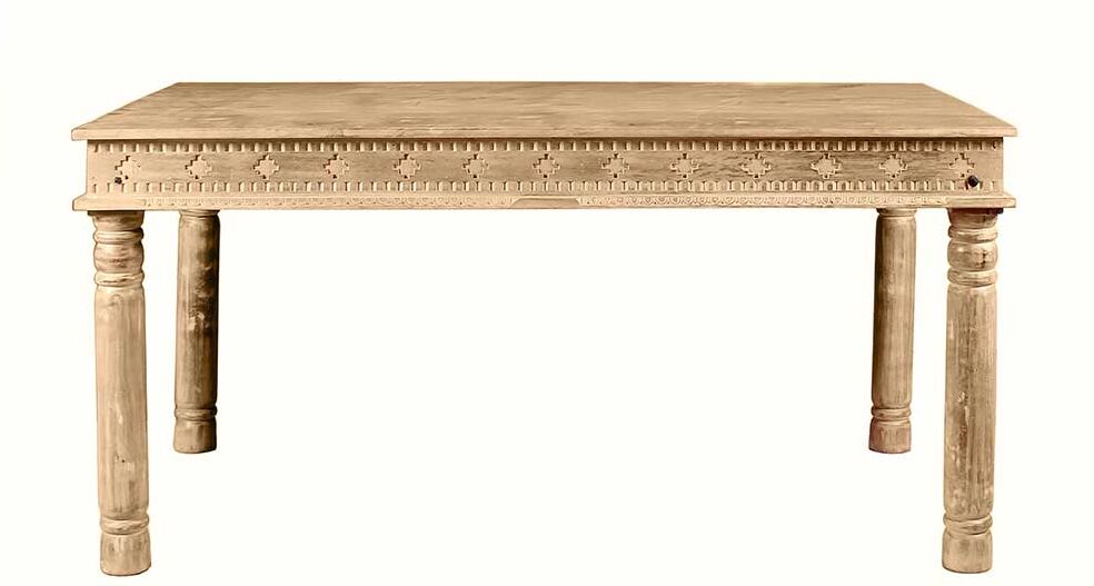 Pharao24.de Designertisch aus Mangoholz Sandfarben massiv Schnitzereien versehen