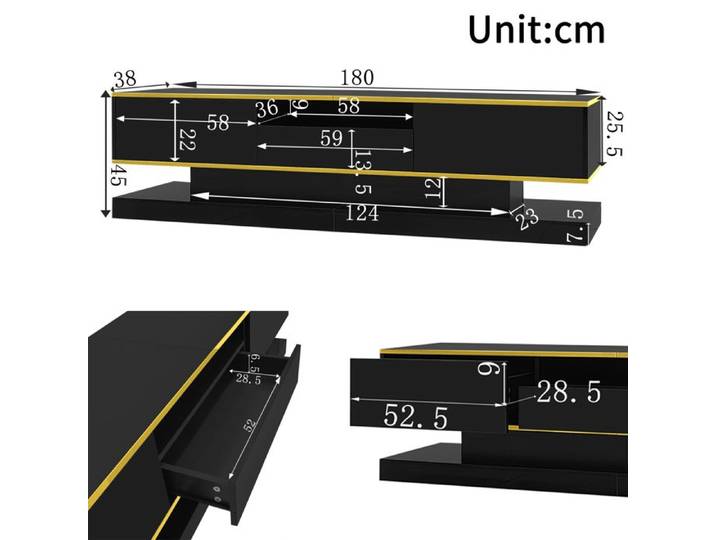 Meuble TV moderne - 180x38x45 cm - 3 tiroirs - Éclairage LED - Noir - Or