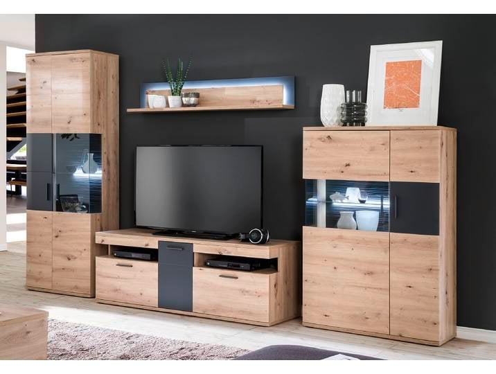 Wohnwand Anbauwand Cortona , Balkeneiche / anthrazit , 4-teilig , LED Beleuchtung 5