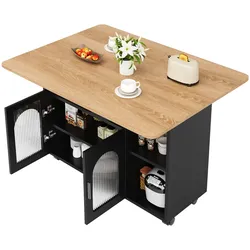 OKWISH Kücheninsel Küchenwagen 120x70x80 cm Schwarz+Natur klappbarer Tisch beidseitig mit Stauraum Rollen feststellbar MDF Glas modern