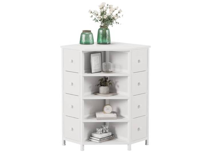 LUMTOK Eckkommode mit 8 Schubladen, Holzplatte und Regalen, Weiß, LT1100# Weiße Eckkommode mit Holzplatte und 4 offenen Regalen, Eckregal mit Stoffschubladen und Stahlrahmen für Wohnzimmer, Schrank
