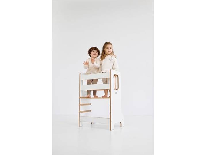 Lernturm Double Slim, Holz Lernturm für Geschwister, Entdeckungsturm für Zwei Kinder, Lernstuhl aus Holz, Learning Tower Montessori, Kitchen Helper (Weiß)
