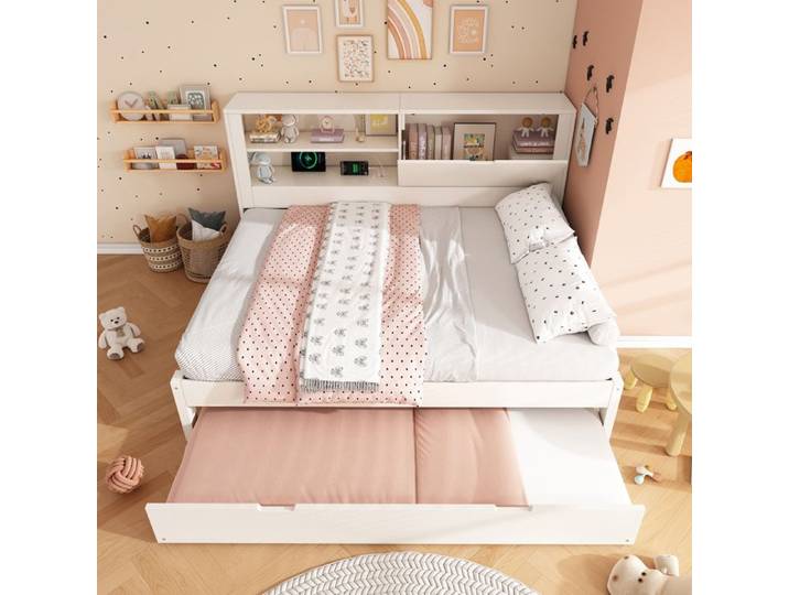 Canapé lit - KOMHTOM - 140x190 avec gigogne 90x190 - Couchage 140x190 - Lit gigogne 90x190 - Cadre bois blanc