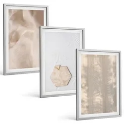 BILDER SET 3er Set - 40x60 cm Silberner Rahmen - Subtile Texturen, Boho-Natur