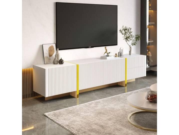Meuble TV - TANANT - Meuble TV De Salon - 2 Tiroirs - 3 Portes - 190x35x45 cm Blanc
