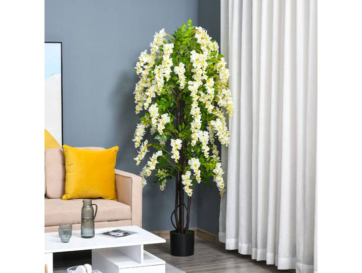 Outsunny Plante artificielle avec glycines blanches Décoration 1,65 m Plantes artificielles en pot Arbre de décoration en plastique et ciment Blanc + Vert 24 x 24 x 165 cm