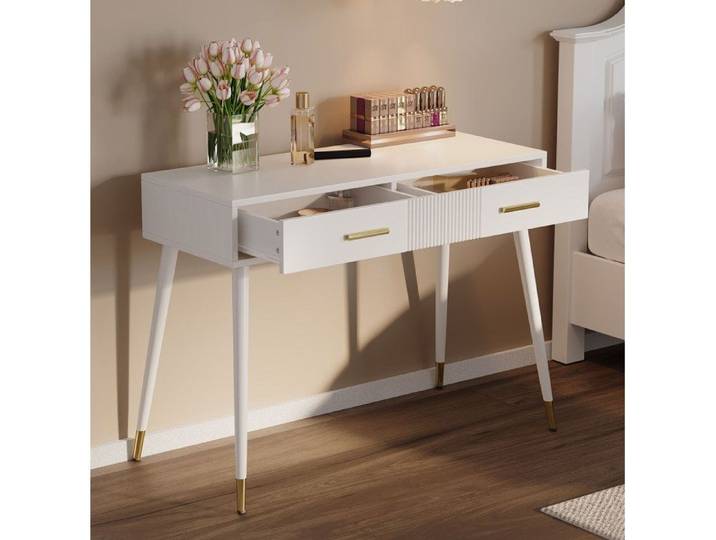 Coiffeuse bureau 100x40 cm avec 2 tiroirs structure en métal plateau blanc usage quotidien montage rapide