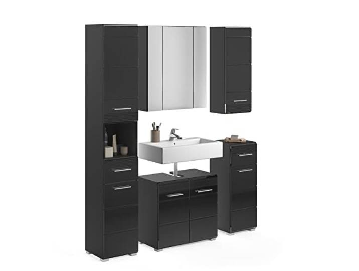 xonox.home Badezimmer Linus 5tlg. Kombination Badmöbel Set kleine Bäder Komplettprogramm Bademöbel-Set in Front schwarz Hochglanz Tiefzieh, Korpus schwarz Nb.