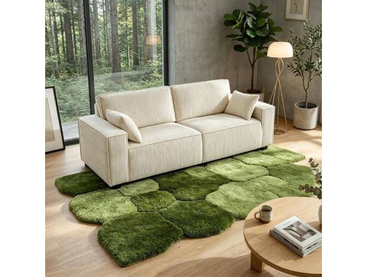 Beiges 3-Sitzer Sofa aus Kordvelours 218cm Wohnzimmer Sofa mit breiten Armlehnen gepolsterte Federkissen & 2 Dekokissen