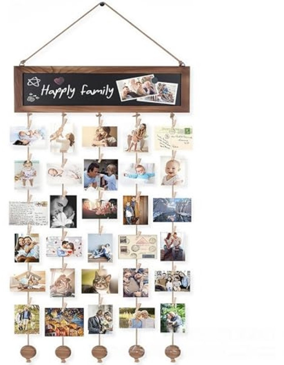 PromoHome Fotogordijn met 40 houten klemmen, 10 fotolijsten en 2 m hennepkoord - Bruin