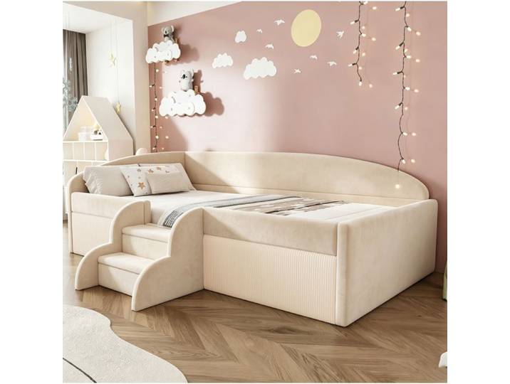 Lit Enfant 90x190cm En Velours Beige Lit Rembourré FloraGrace Pour Chambre Enfant Avec Escalier 201x99x62cm