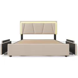 Merax Polsterbett, LED-Beleuchtung Doppelbett 140x200cm mit 4 Schubladen, beige