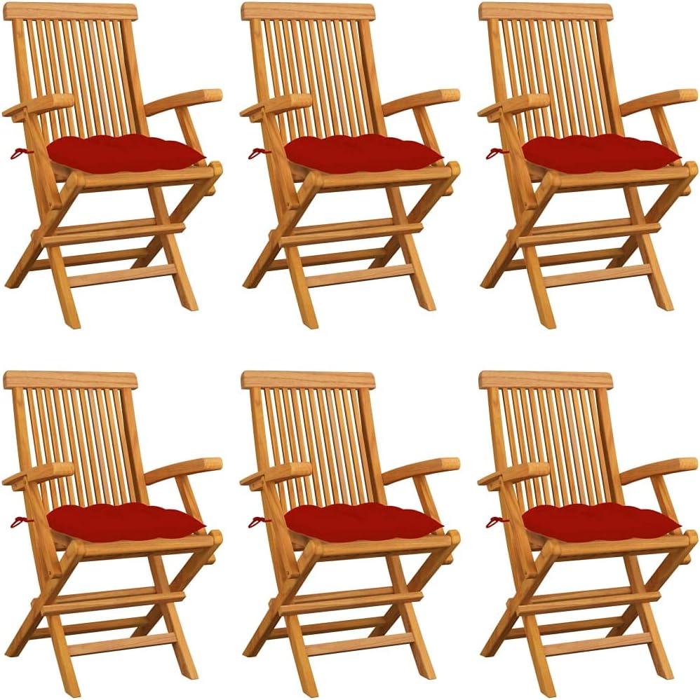 6 klappbare Gartenstühle aus Teakholz mit roten Kissen und Armlehnen für Terrasse, Balkon und Garten
