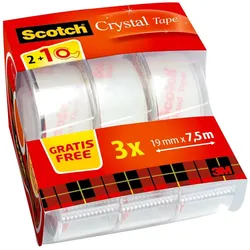 3M Scotch Crystal Klebeband Caddy Pack 2 Rollen + 1 GRATIS 19 mm x 7,5 m, alle Rollen auf Handabrollern