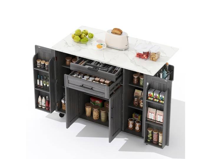 Desserte îlot de Cuisine sur Roulettes Chariot de Salle à Manger avec Plans de Travail Rabattable 129x46(71)x91.5(95)cm Gris+Blanc