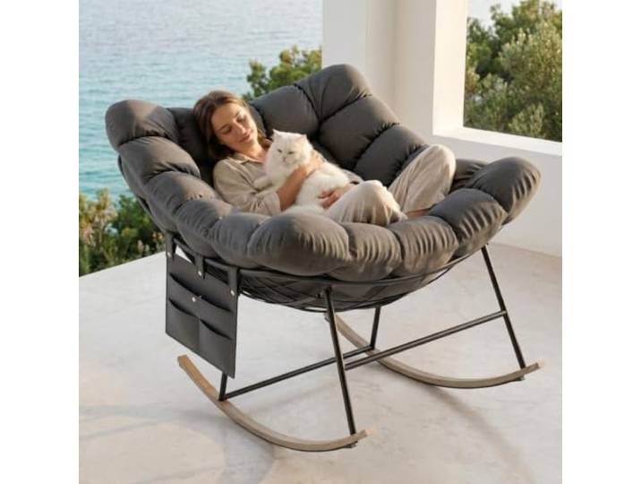Schaukelstuhl Outdoor mit Rattan und Aufbewahrungstasche, Belastung 150 kg Lounge Schaukelstuhl Oversized mit Dickem Abnehmbar Polster, Schaukelsessel für Garten, Balkon, Wohnzimmer - Grau