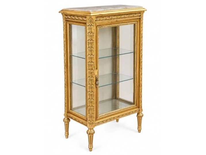 Barock Vitrine „Chateau Orangerie“ – Vergoldeter Vitrinenschrank aus Holz mit Rundumverglasung, Marmorplatte & Schnitzereien – Rokoko Glasvitrine im Antik-Stil, H 128 cm Palazzo Exklusiv