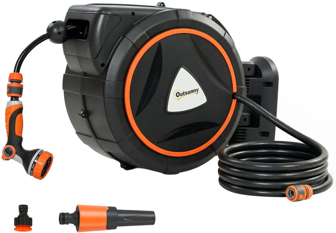 Outsunny Retractable Hose Reel Wall Mounted Auto Retraction 23+2m Orange Orange 50cm H X 55cm W X 31cm D