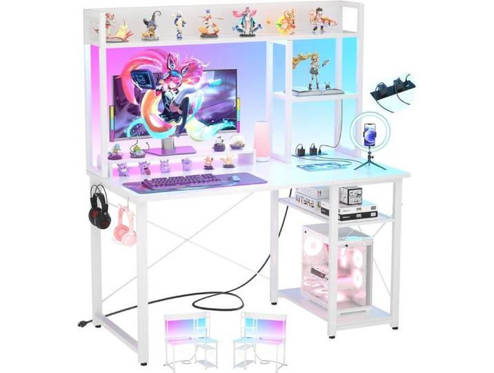 Bureau Gaming Petit Table Ordinateur Forme Etagères Rangements Ports USB Bureaux à Domicile LED et Rangement 147x120cm Blanc