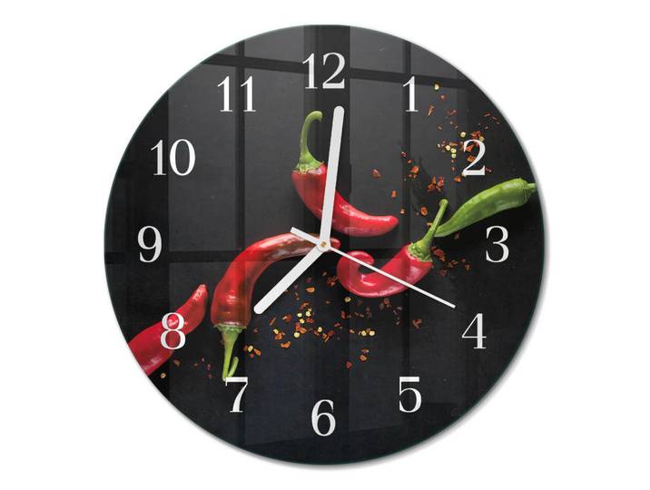 Tulup Wanduhr aus Glas Ø30 cm - Chilischoten, Schwarz, Rund, 30x30x0.4 cm, Dekoration, Uhren, Wanduhren