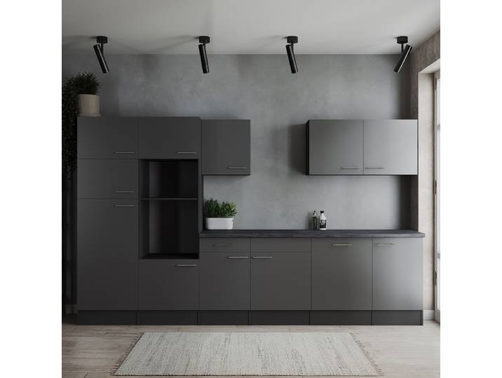Premium Küchenzeile Oliver 340 cm 340 x 205 x 60cm Grau/Grau ohne Elektrogeräte